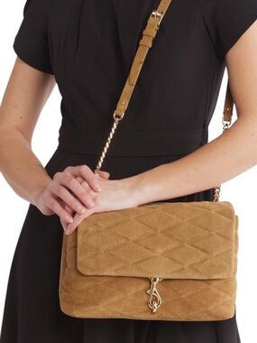 NWOT Rebecca Minkoff Diamond Quilt Suede Leather Flap Crossbody Purse Honey